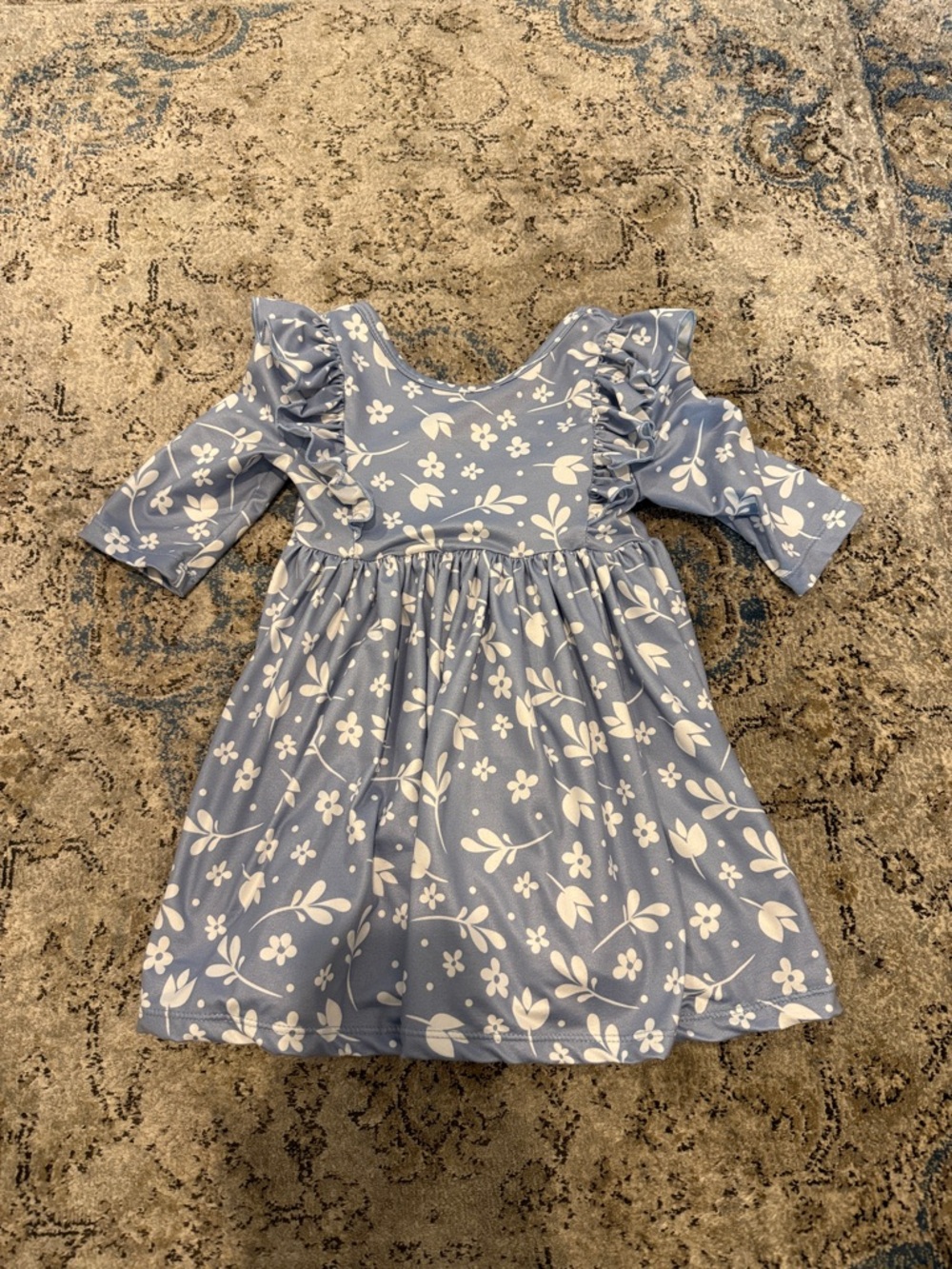 Girls' Blue Floral Ruffle Sleeve Dress